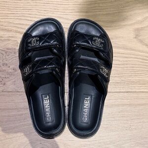 CHANEL Black Quilted Double-Strap Slide Sandals with CC Hardware